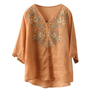 Buddha Stones Retro Embroidery V-Neck Design Half Sleeve Ramie Linen Shirt Women's Shirts BS 13