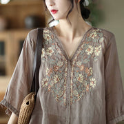 Buddha Stones Retro Embroidery V-Neck Design Half Sleeve Ramie Linen Shirt Women's Shirts BS 3