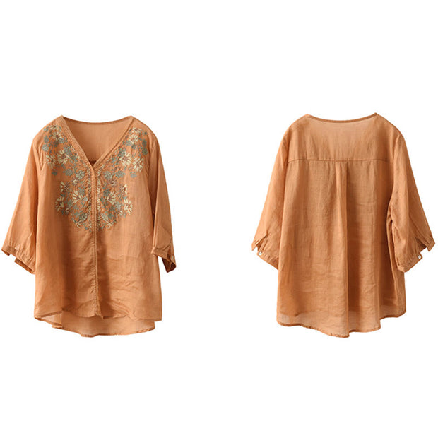 Buddha Stones Retro Embroidery V-Neck Design Half Sleeve Ramie Linen Shirt