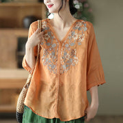 Buddha Stones Retro Embroidery V-Neck Design Half Sleeve Ramie Linen Shirt Women's Shirts BS 12