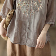 Buddha Stones Retro Embroidery V-Neck Design Half Sleeve Ramie Linen Shirt