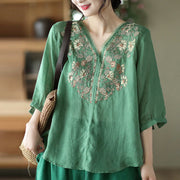 Buddha Stones Retro Embroidery V-Neck Design Half Sleeve Ramie Linen Shirt Women's Shirts BS 9