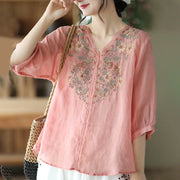 Buddha Stones Retro Embroidery V-Neck Design Half Sleeve Ramie Linen Shirt Women's Shirts BS Pink F(Fit for US4-6; UK/AU8-10; EU36-38)