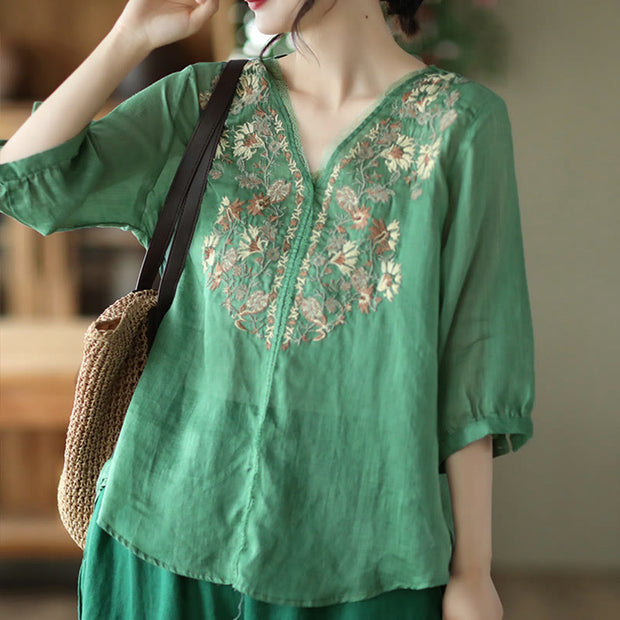 Buddha Stones Retro Embroidery V-Neck Design Half Sleeve Ramie Linen Shirt Women's Shirts BS 8