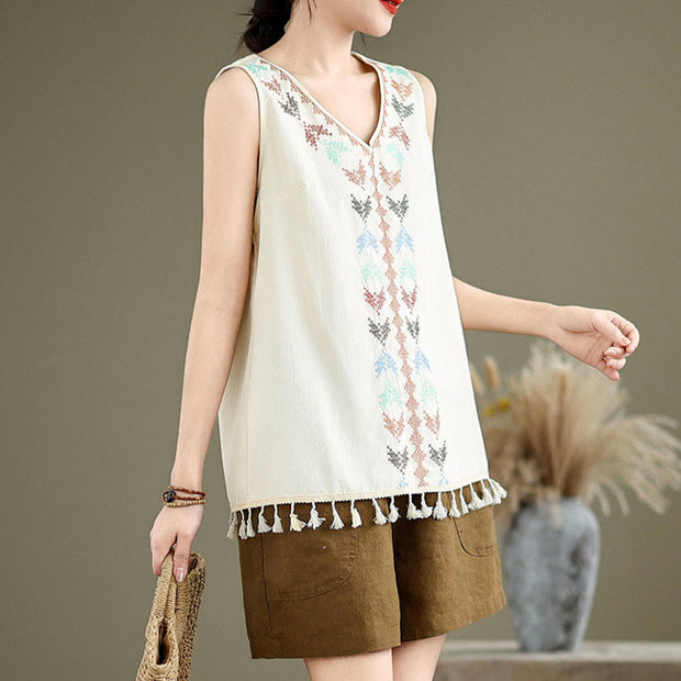 Buddha Stones Retro Embroidery V-Neck Tassel Tank Top Women's Tank Top BS 3