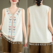 Buddha Stones Retro Embroidery V-Neck Tassel Tank Top Women's Tank Top BS 4