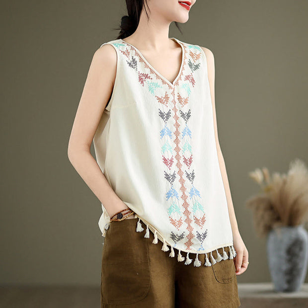 Buddha Stones Retro Embroidery V-Neck Tassel Tank Top Women's Tank Top BS 2