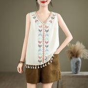 Buddha Stones Retro Embroidery V-Neck Tassel Tank Top