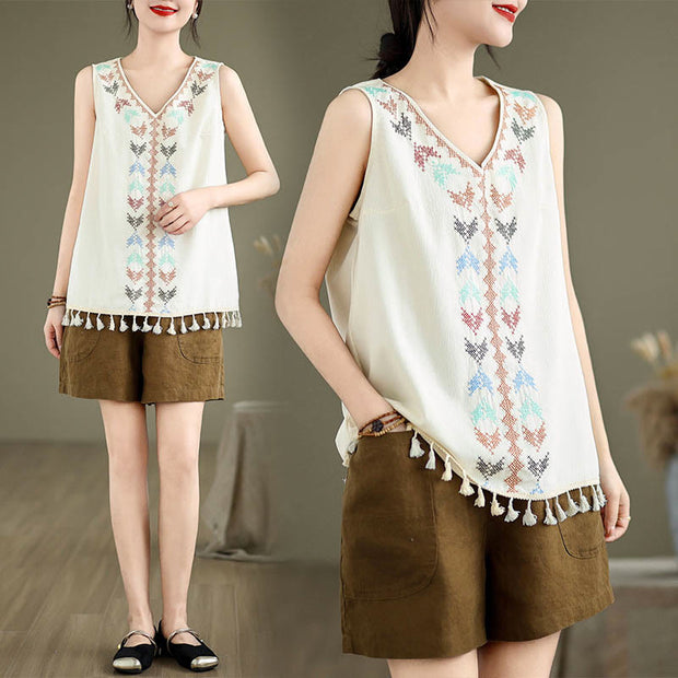 Buddha Stones Retro Embroidery V-Neck Tassel Tank Top