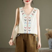 Buddha Stones Retro Embroidery V-Neck Tassel Tank Top Women's Tank Top BS 5