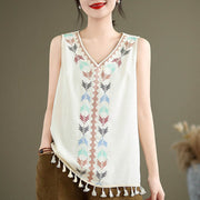 Buddha Stones Retro Embroidery V-Neck Tassel Tank Top