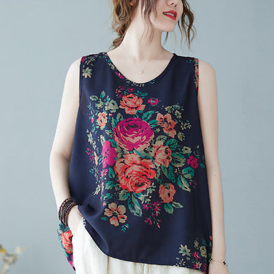 Buddha Stones Retro Peony Flowers Round Neck Tank Top Vest