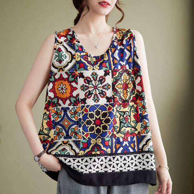 Buddha Stones Ethnic Geometry Print Crew Neck Tank Top