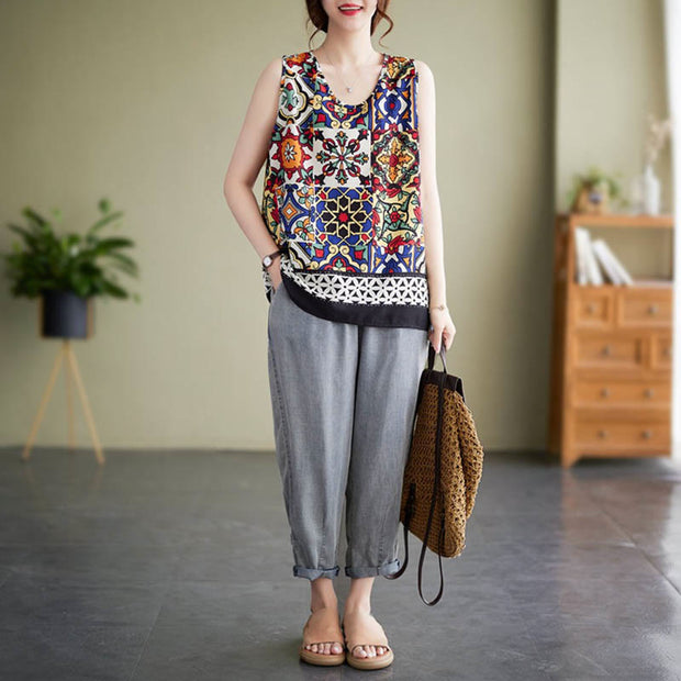 Buddha Stones Ethnic Geometry Print Crew Neck Tank Top Women's Tank Top BS 9