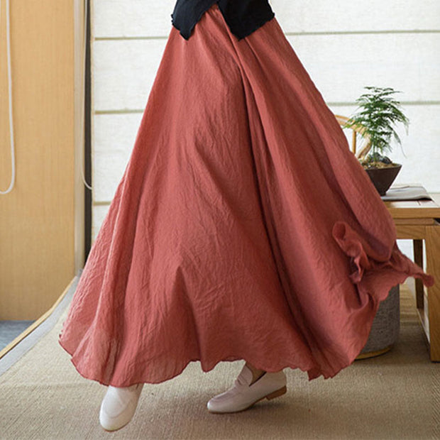 Buddha Stones Solid Color Elastic High Waist Linen Skirt Skirt BS LightCoral M(Fit for US6; UK/AU10; EU38)