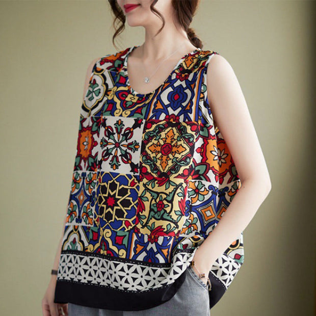 Buddha Stones Ethnic Geometry Print Crew Neck Tank Top Women's Tank Top BS 2