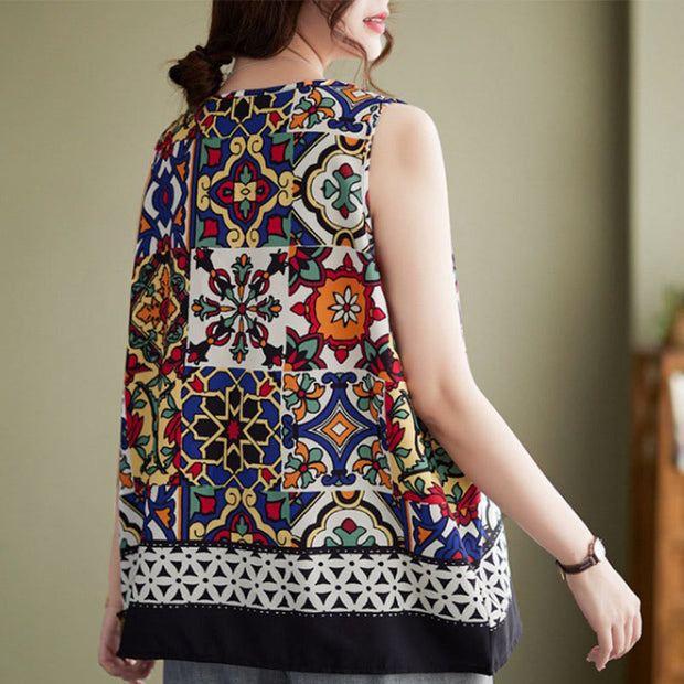 Buddha Stones Ethnic Geometry Print Crew Neck Tank Top Women's Tank Top BS 1