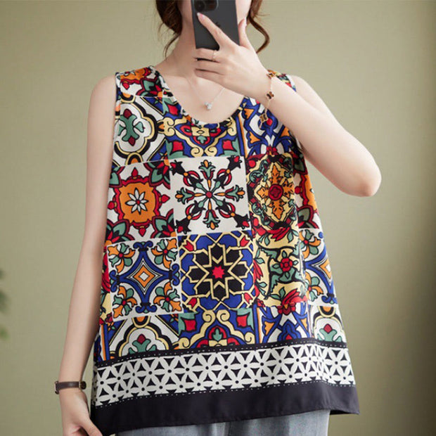 Buddha Stones Ethnic Geometry Print Crew Neck Tank Top