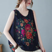 Buddha Stones Retro Peony Flowers Round Neck Tank Top Vest Women's Tank Top BS 3