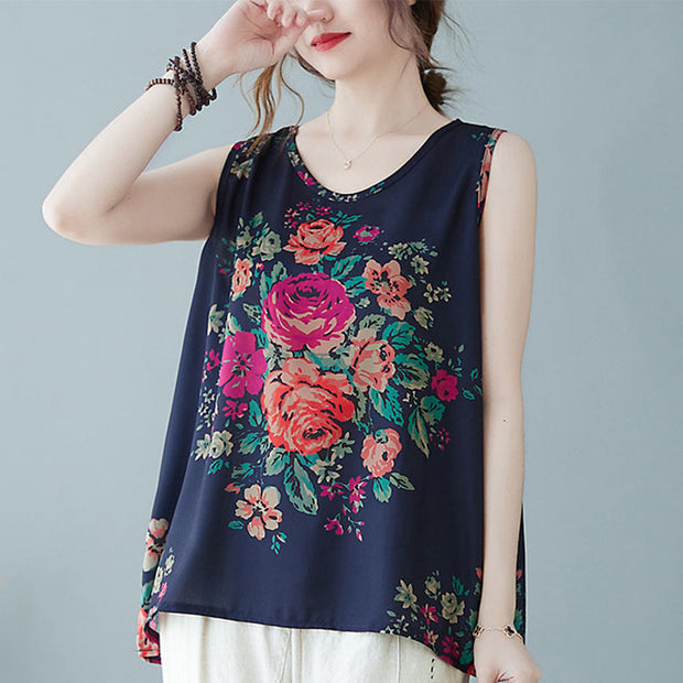 Buddha Stones Retro Peony Flowers Round Neck Tank Top Vest