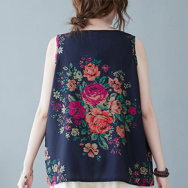 Buddha Stones Retro Peony Flowers Round Neck Tank Top Vest