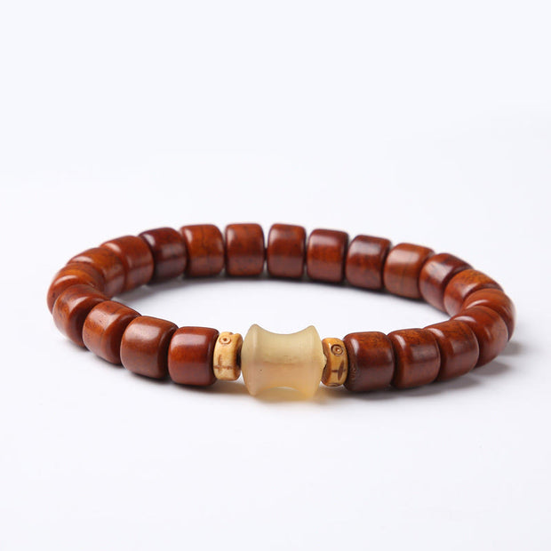 Buddha Stones Tibetan Yak Bone Three-Eyed Dzi Bead Sheep Horn Red Agate Strength Bracelet Bracelet BS 8*10mm Yak Bone Sheep Horn(Wrist Circumference 14-16cm)