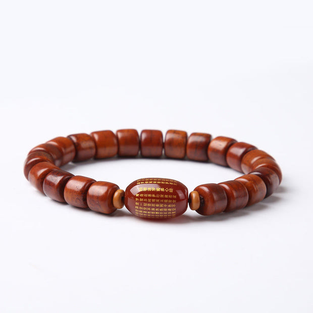 Buddha Stones Tibetan Yak Bone Three-Eyed Dzi Bead Sheep Horn Red Agate Strength Bracelet Bracelet BS 8*10mm Yak Bone Red Agate Heart Sutra(Wrist Circumference 14-16cm)