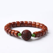 Buddha Stones Tibetan Yak Bone Three-Eyed Dzi Bead Sheep Horn Red Agate Strength Bracelet Bracelet BS 8*10mm Yak Bone Small Leaf Red Sandalwood(Wrist Circumference 14-16cm)