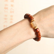 Buddha Stones Tibetan Yak Bone Three-Eyed Dzi Bead Sheep Horn Red Agate Strength Bracelet Bracelet BS 16