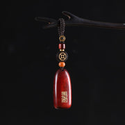 Buddha Stones Small Leaf Red Sandalwood Ebony Wood Peace Auspicious Copper Coin Protection Key Chain Key Chain BS Small Leaf Red Sandalwood Copper Coin