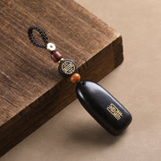 Buddha Stones Small Leaf Red Sandalwood Ebony Wood Peace Auspicious Copper Coin Protection Key Chain