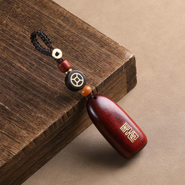 Buddha Stones Small Leaf Red Sandalwood Ebony Wood Peace Auspicious Copper Coin Protection Key Chain Key Chain BS 2