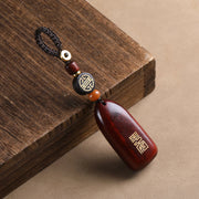 Buddha Stones Small Leaf Red Sandalwood Ebony Wood Peace Auspicious Copper Coin Protection Key Chain Key Chain BS Small Leaf Red Sandalwood Regular