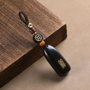 Buddha Stones Small Leaf Red Sandalwood Ebony Wood Peace Auspicious Copper Coin Protection Key Chain Key Chain BS Ebony Copper Coin