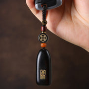 Buddha Stones Small Leaf Red Sandalwood Ebony Wood Peace Auspicious Copper Coin Protection Key Chain Key Chain BS 17