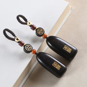 Buddha Stones Small Leaf Red Sandalwood Ebony Wood Peace Auspicious Copper Coin Protection Key Chain Key Chain BS 19