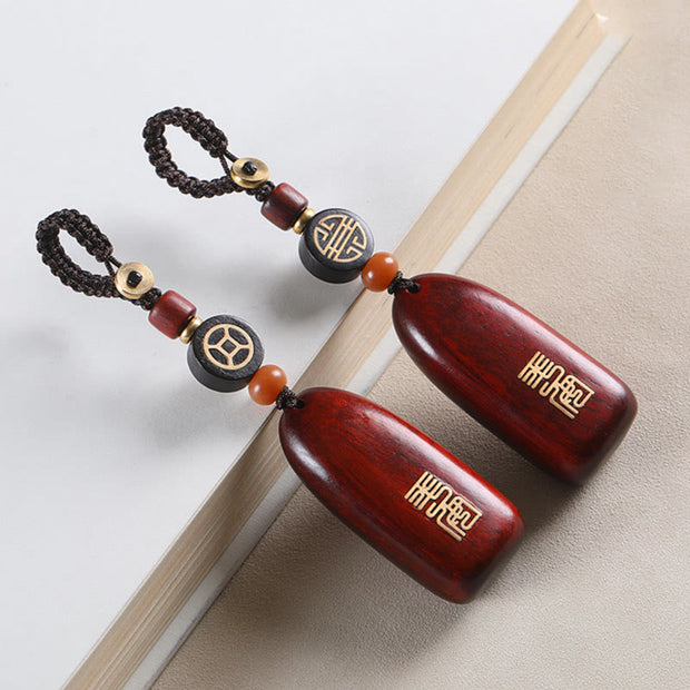 Buddha Stones Small Leaf Red Sandalwood Ebony Wood Peace Auspicious Copper Coin Protection Key Chain Key Chain BS 15