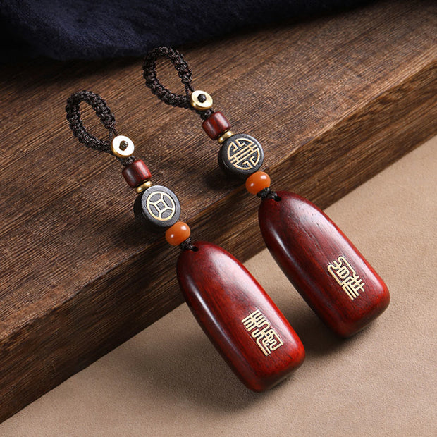 Buddha Stones Small Leaf Red Sandalwood Ebony Wood Peace Auspicious Copper Coin Protection Key Chain Key Chain BS 14