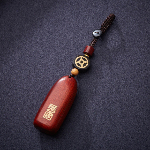 Buddha Stones Small Leaf Red Sandalwood Ebony Wood Peace Auspicious Copper Coin Protection Key Chain Key Chain BS 8