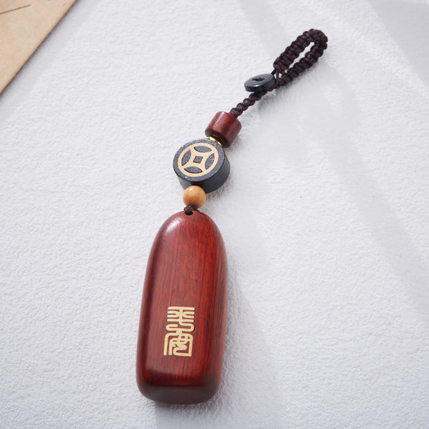 Buddha Stones Small Leaf Red Sandalwood Ebony Wood Peace Auspicious Copper Coin Protection Key Chain Key Chain BS 3