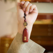 Buddha Stones Small Leaf Red Sandalwood Ebony Wood Peace Auspicious Copper Coin Protection Key Chain Key Chain BS 6