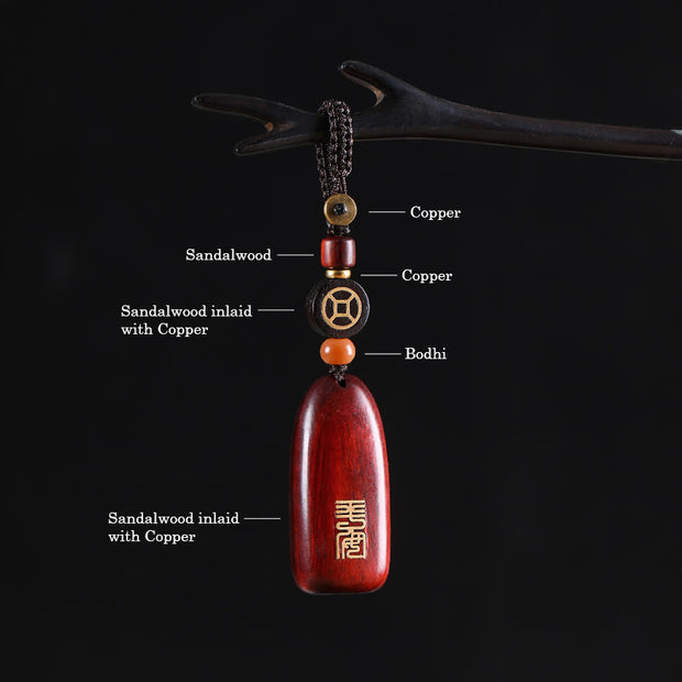 Buddha Stones Small Leaf Red Sandalwood Ebony Wood Peace Auspicious Copper Coin Protection Key Chain Key Chain BS 10