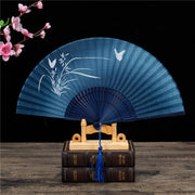 Buddha Stones Butterfly Orchid Cat Handheld Cotton Linen Bamboo Folding Fan 22cm Folding Fan BS Butterfly Orchid 22cm