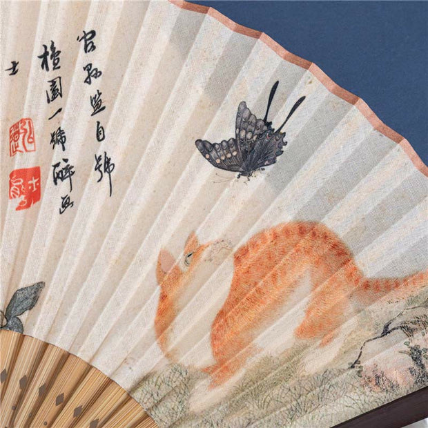 Buddha Stones Butterfly Orchid Cat Handheld Cotton Linen Bamboo Folding Fan 22cm