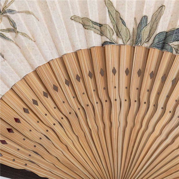 Buddha Stones Butterfly Orchid Cat Handheld Cotton Linen Bamboo Folding Fan 22cm Folding Fan BS 6