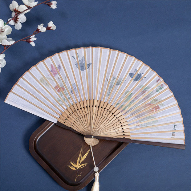 Buddha Stones Butterfly Orchid Cat Handheld Cotton Linen Bamboo Folding Fan 22cm