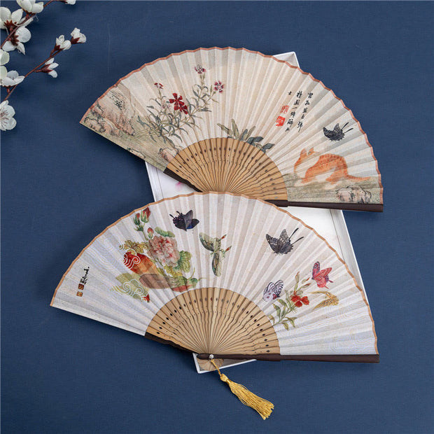 Buddha Stones Butterfly Orchid Cat Handheld Cotton Linen Bamboo Folding Fan 22cm Folding Fan BS main