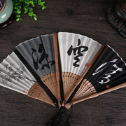 Buddha Stones Chinese Characters Golden Dragonfly Handheld Cotton Linen Bamboo Folding Fan 22cm