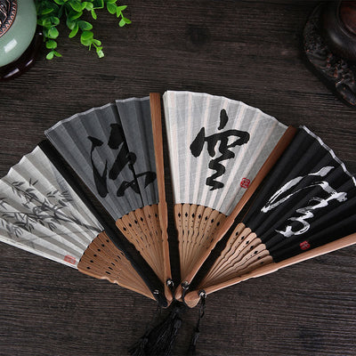 Buddha Stones Chinese Characters Golden Dragonfly Handheld Cotton Linen Bamboo Folding Fan 22cm Folding Fan BS main