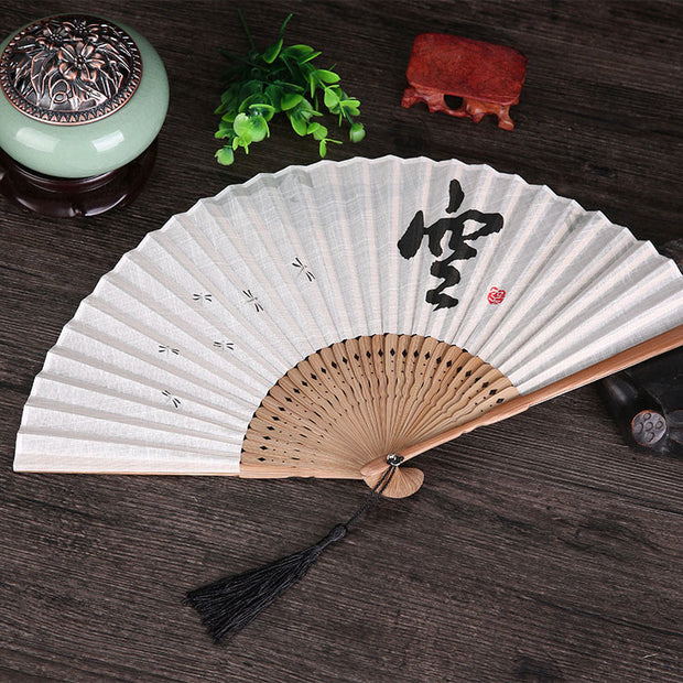 Buddha Stones Chinese Characters Golden Dragonfly Handheld Cotton Linen Bamboo Folding Fan 22cm Folding Fan BS White 22cm